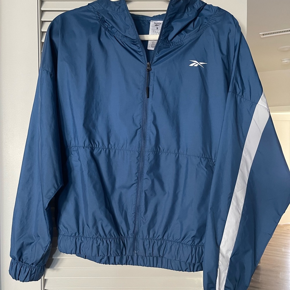Reebok Navy Hooded Jacket with White Stripes